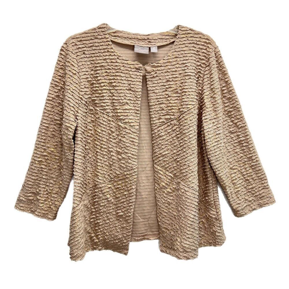 Chico’s Travelers Beige & Gold Crinkle Fabric Open Front Cardigan Size 2 Large - Picture 1 of 9